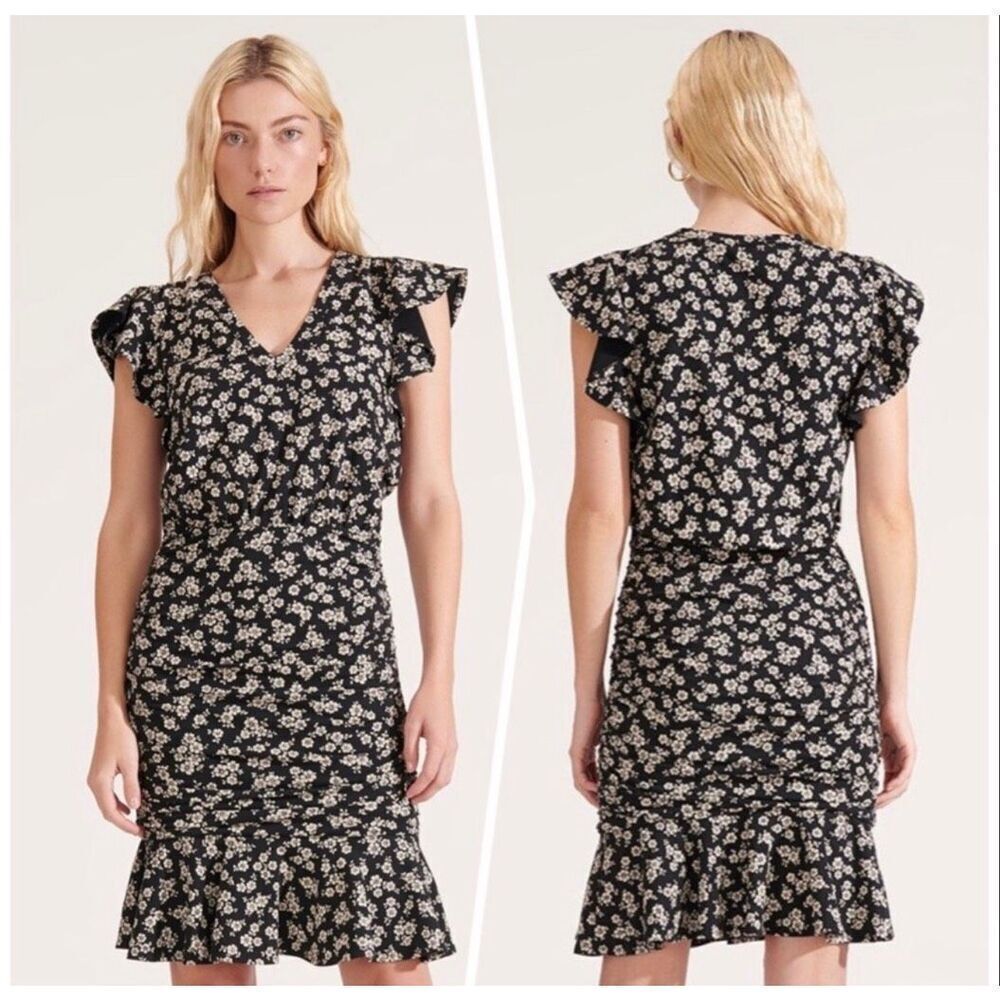 Veronica Beard Lisette Black Floral Ruched V-Neck Ruffle Mini Dress Small